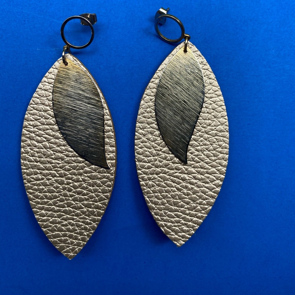 Leather & Brushed Metal Leaf Earrings